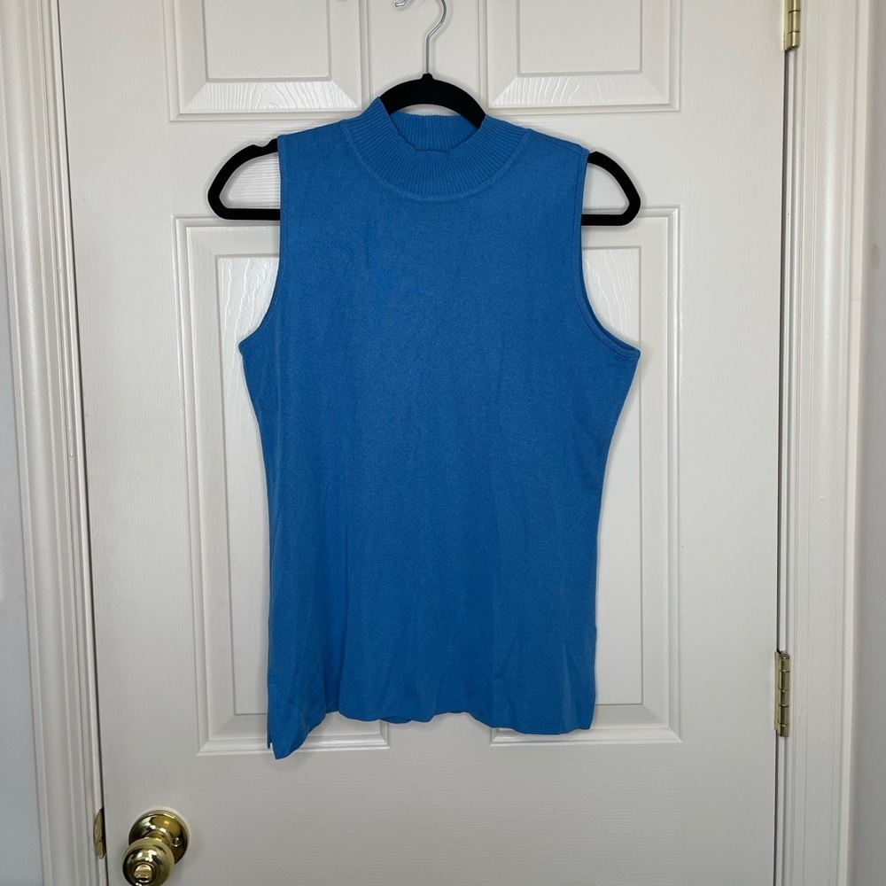 Exclusively Misook Blue Mock Neck Sleeveless Knit Top | Classic Stretch Tank M